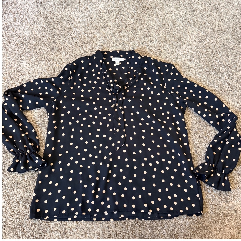 Tamara H. Navy Blue Tan Polka Dot Tie Neck Ruffle Cuff Blouse Large